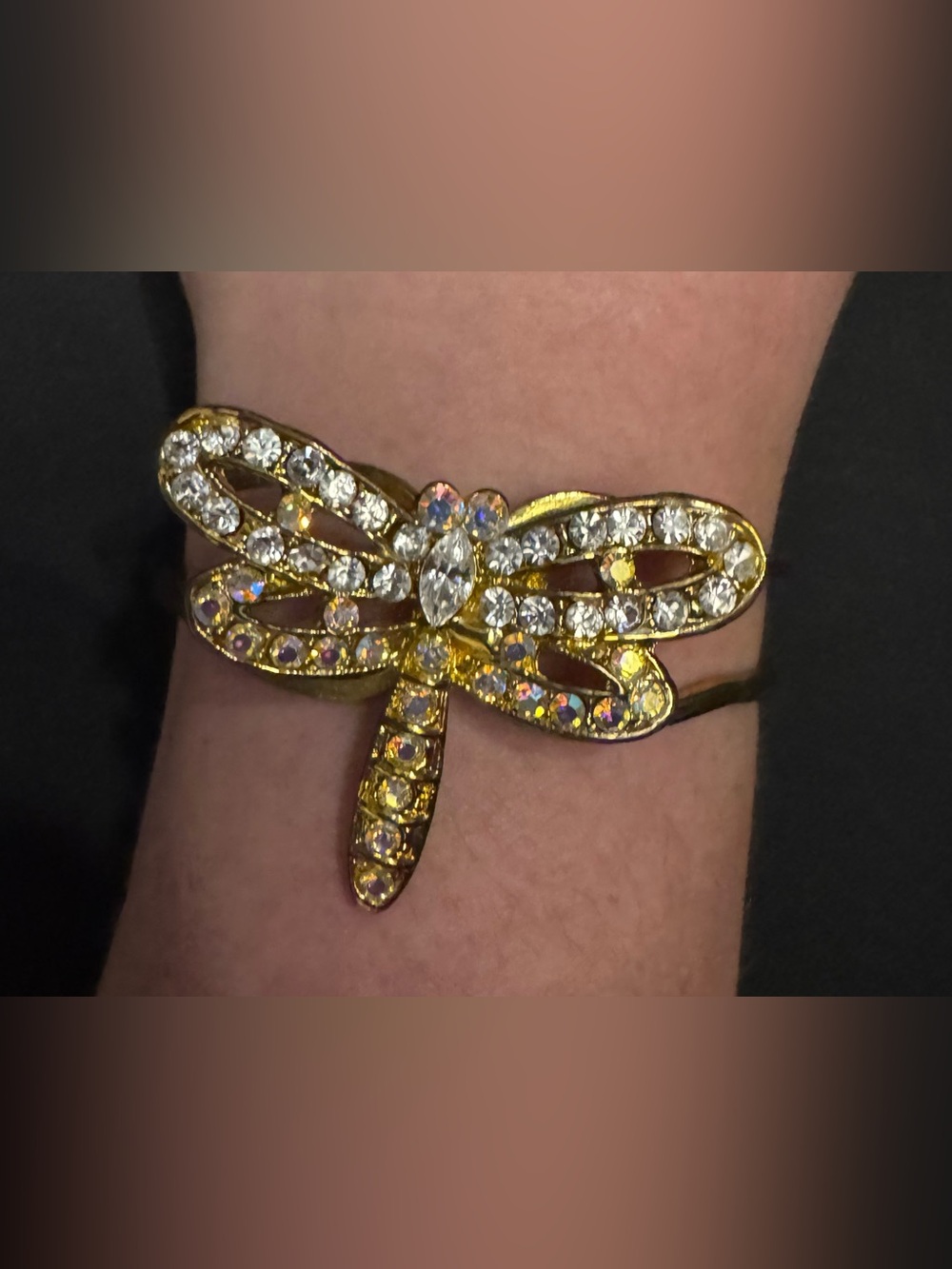 Vintage Gold-Tone Rhinestone Dragonfly Cuff Bracelet